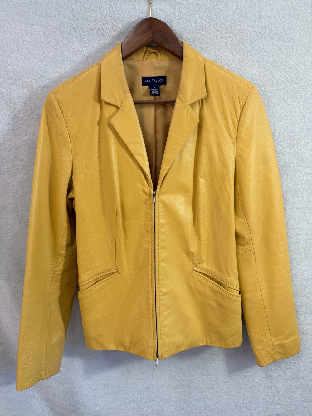 Vintage Ann Taylor Women's M Butter Yellow 100% Leather Jacket Zip Front Lined